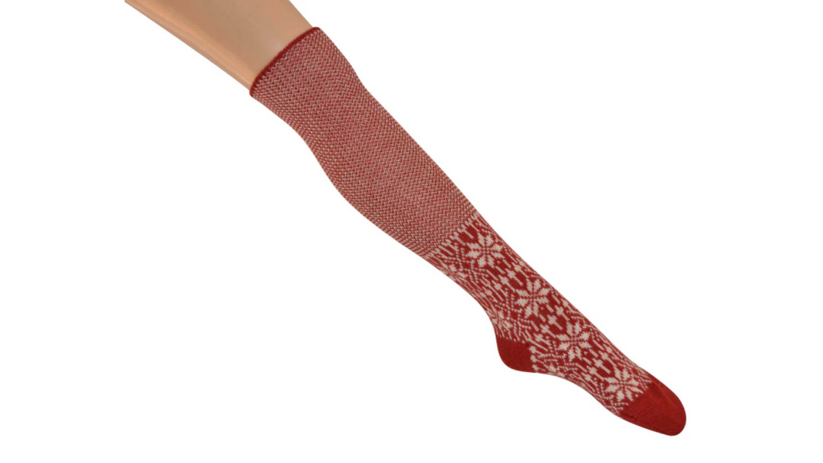 Socken ohne separate Zehen, knielanger Schaft, elastischer Bund, mehrfarbiges Strickmuster, verstärkter Fersen- und Zehenbereich, Seitenansicht außen
