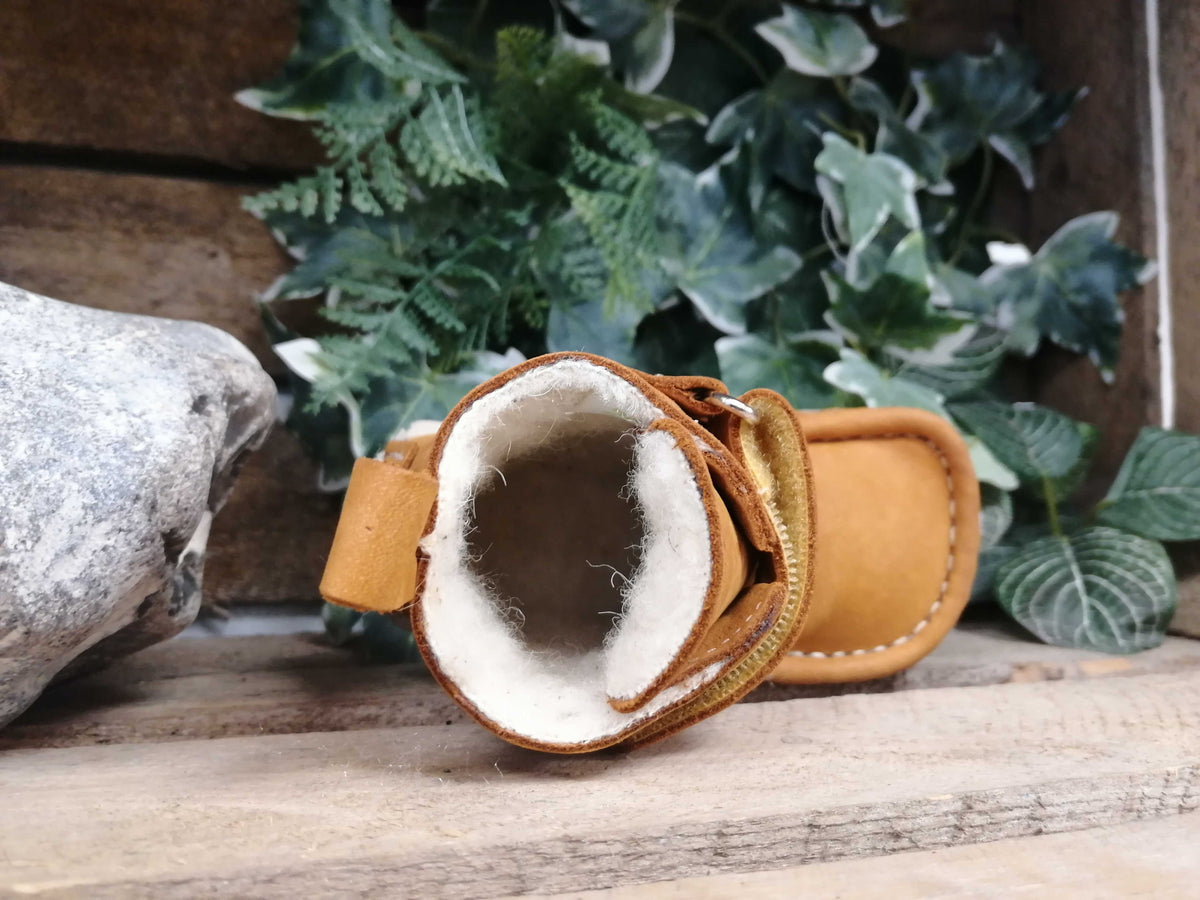 Barfußwinterstiefel für Kinder als einzelner Schuh, offene Schaftansicht mit sichtbarem Innenraum, geschlossene Zehen, geschlossener Fersenbereich, Draufsicht.