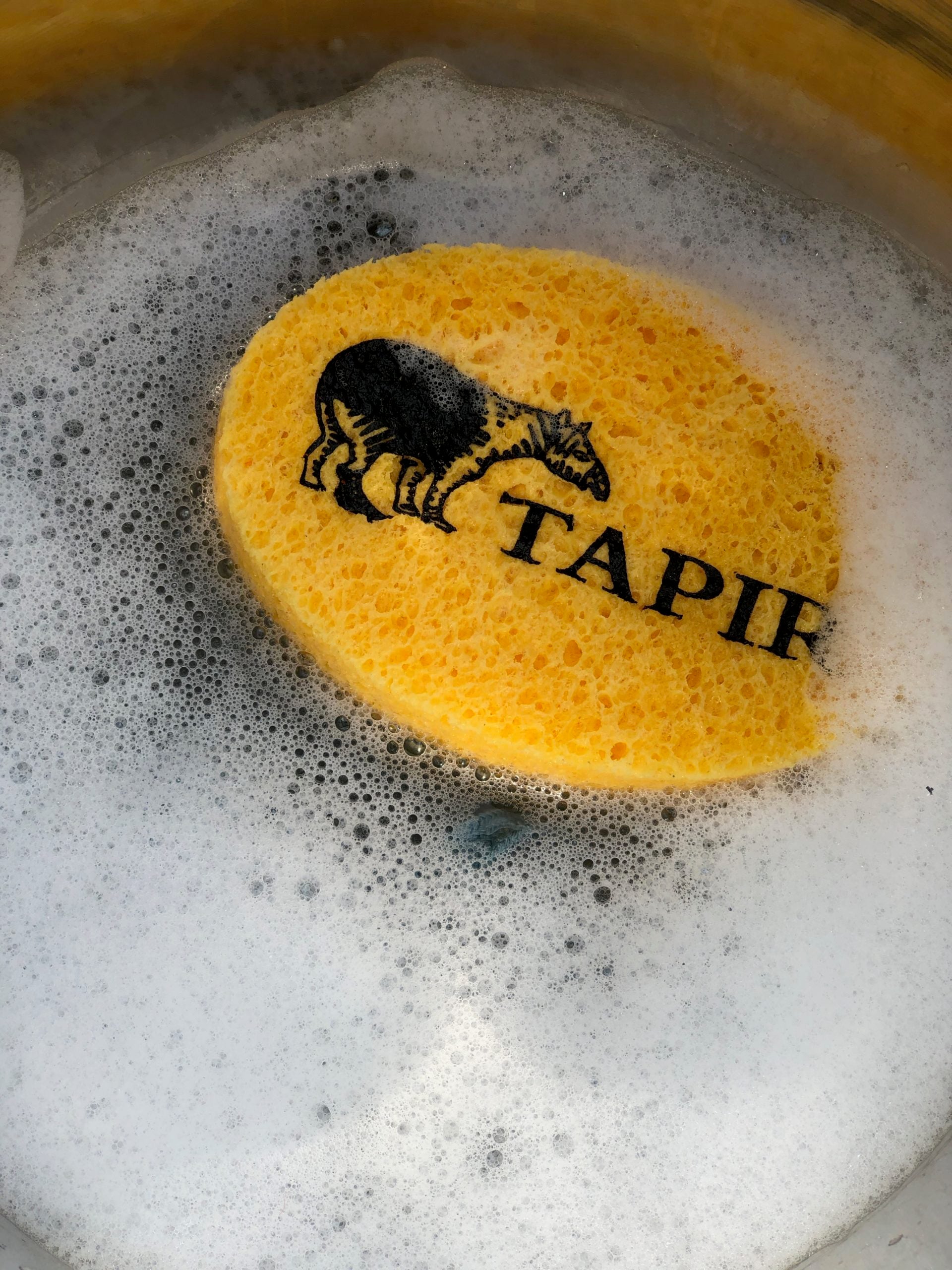 Reinigungsschwamm oval mit aufgedrucktem Logo im Wasser mit Schaum, Detailansicht