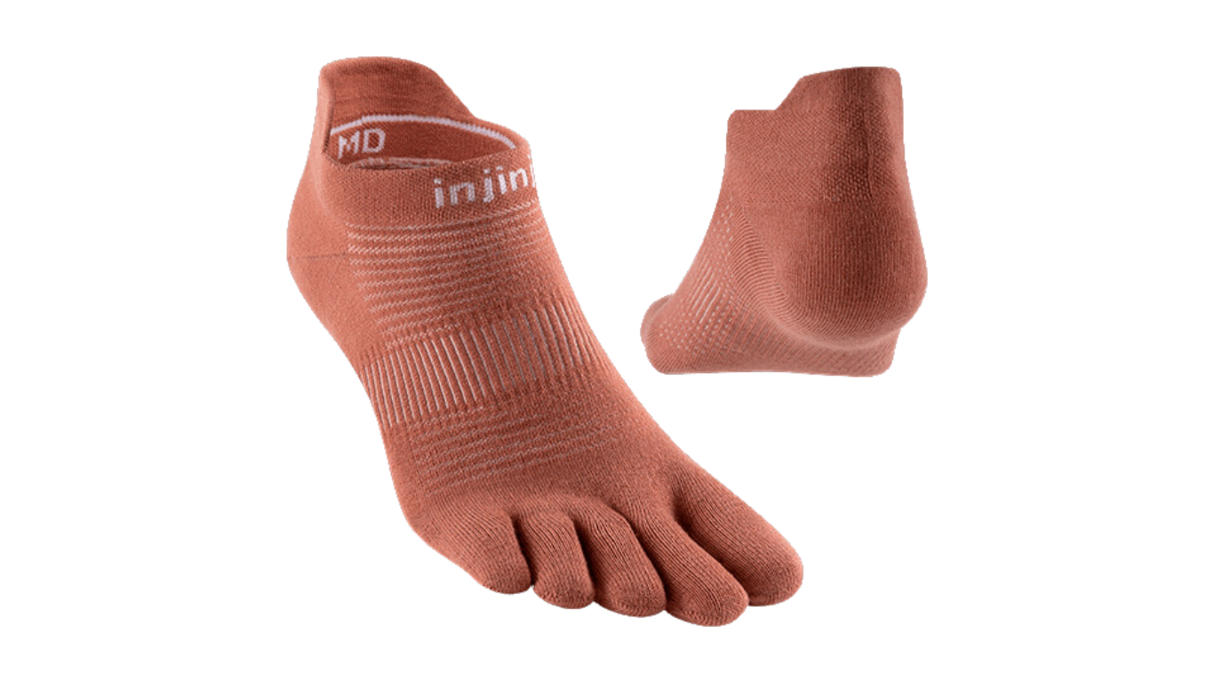 Zehensocken für Erwachsene mit getrennten Zehen und kurzem Schaft, als Paar dargestellt, schräge Vorderansicht und Rückansicht