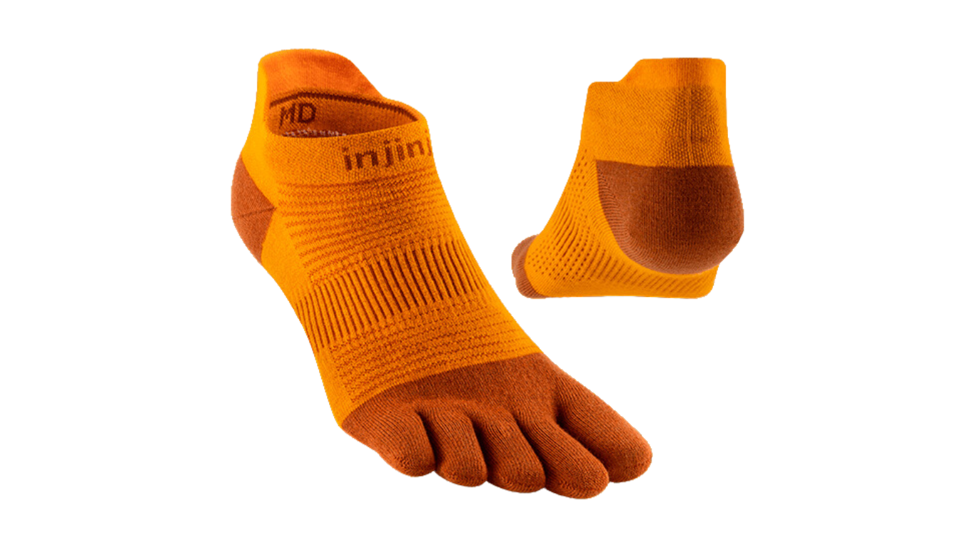 Zehensocken für Erwachsene mit getrennten Zehen und kurzem Schaft, als Paar dargestellt, schräge Vorderansicht und Rückansicht