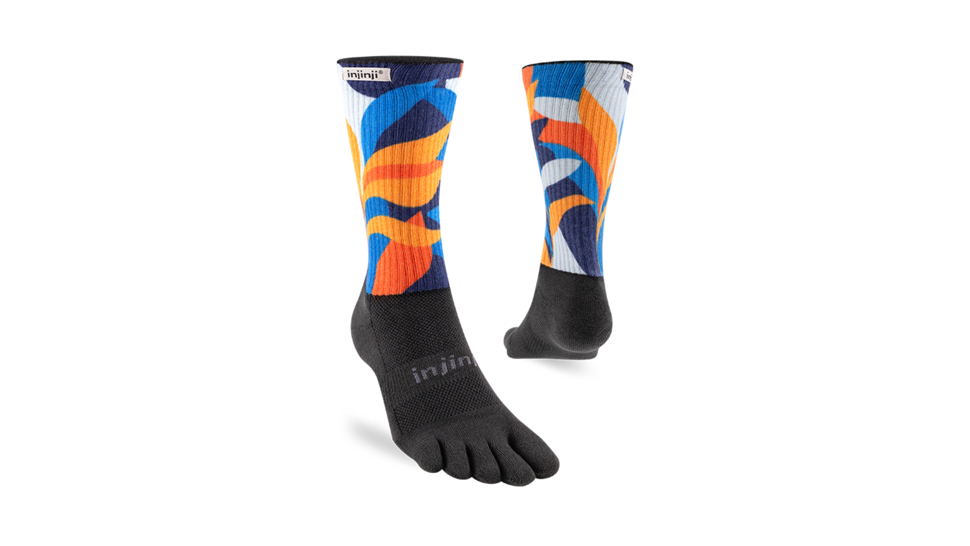 Wadenlange Zehensocken als Paar mit fünf Zehen, schräge Vorderansicht.