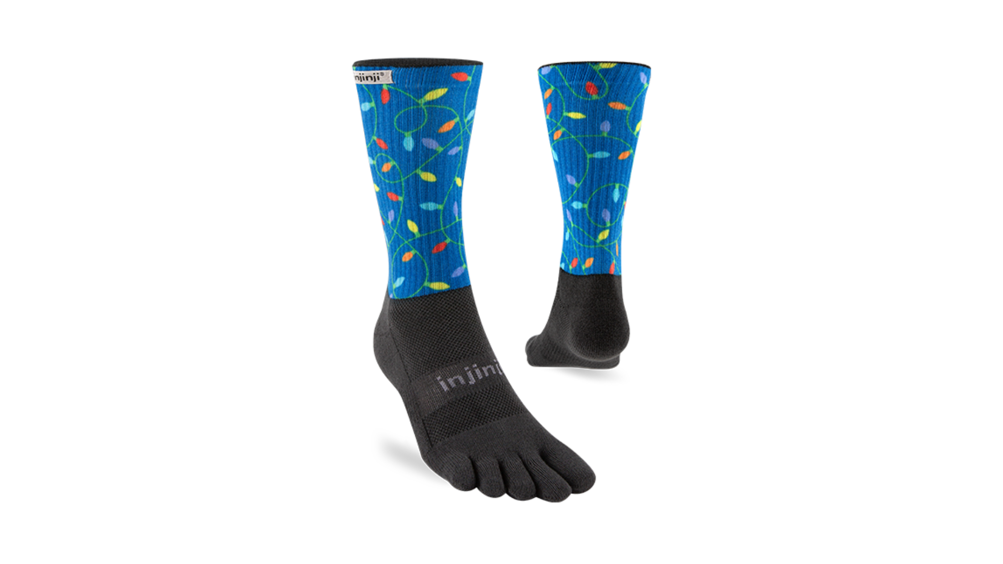 Wadenlange Zehensocken als Paar mit fünf Zehen, schräge Vorderansicht.