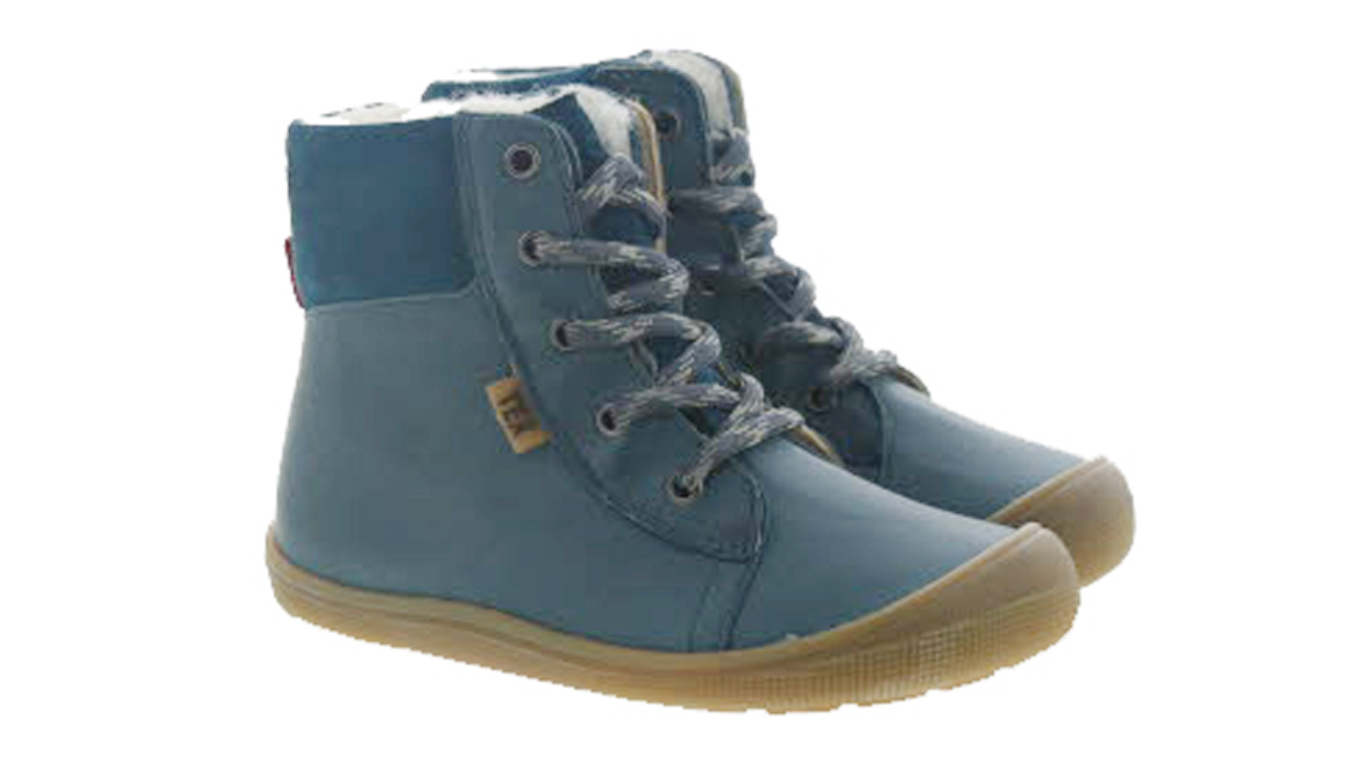 Barfußwinterstiefel für Kinder mit Schnürung, breiter Zehenbox und geschlossenem Schaft als Paar, schräge Vorderansicht