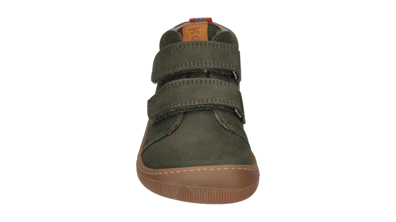 Barfußschuh für Kinder, knöchelhoch, geschlossene Zehen und geschlossener Fersenbereich, Doppelklettverschluss, flexible Sohle, Vorderansicht 