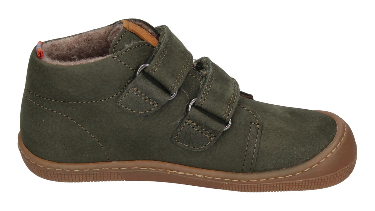 Barfußschuh für Kinder, knöchelhoch, geschlossene Zehen und geschlossener Fersenbereich, Doppelklettverschluss, flexible Sohle, Einzelschuh, Seitenansicht innen