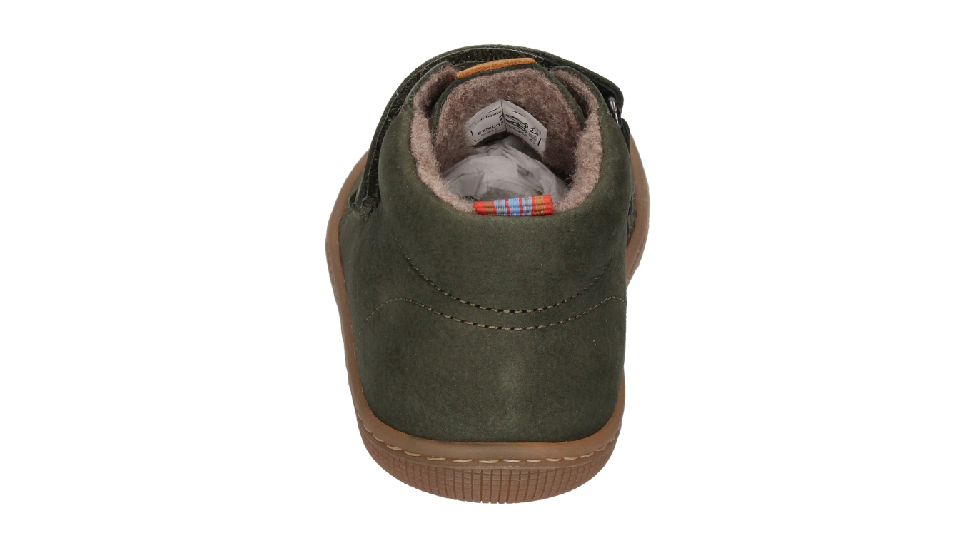 Barfußschuh für Kinder, knöchelhoch, geschlossene Zehen und geschlossener Fersenbereich, Doppelklettverschluss, flexible Sohle, Einzelschuh, Rückansicht