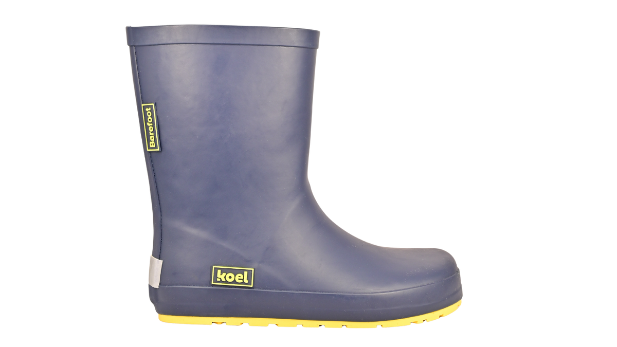 Barfußgummistiefel für Kinder, hoher Schaft, geschlossene Zehen und geschlossener Fersenbereich, flexible Profilsohle, Einzelschuh, Seitenansicht außen
