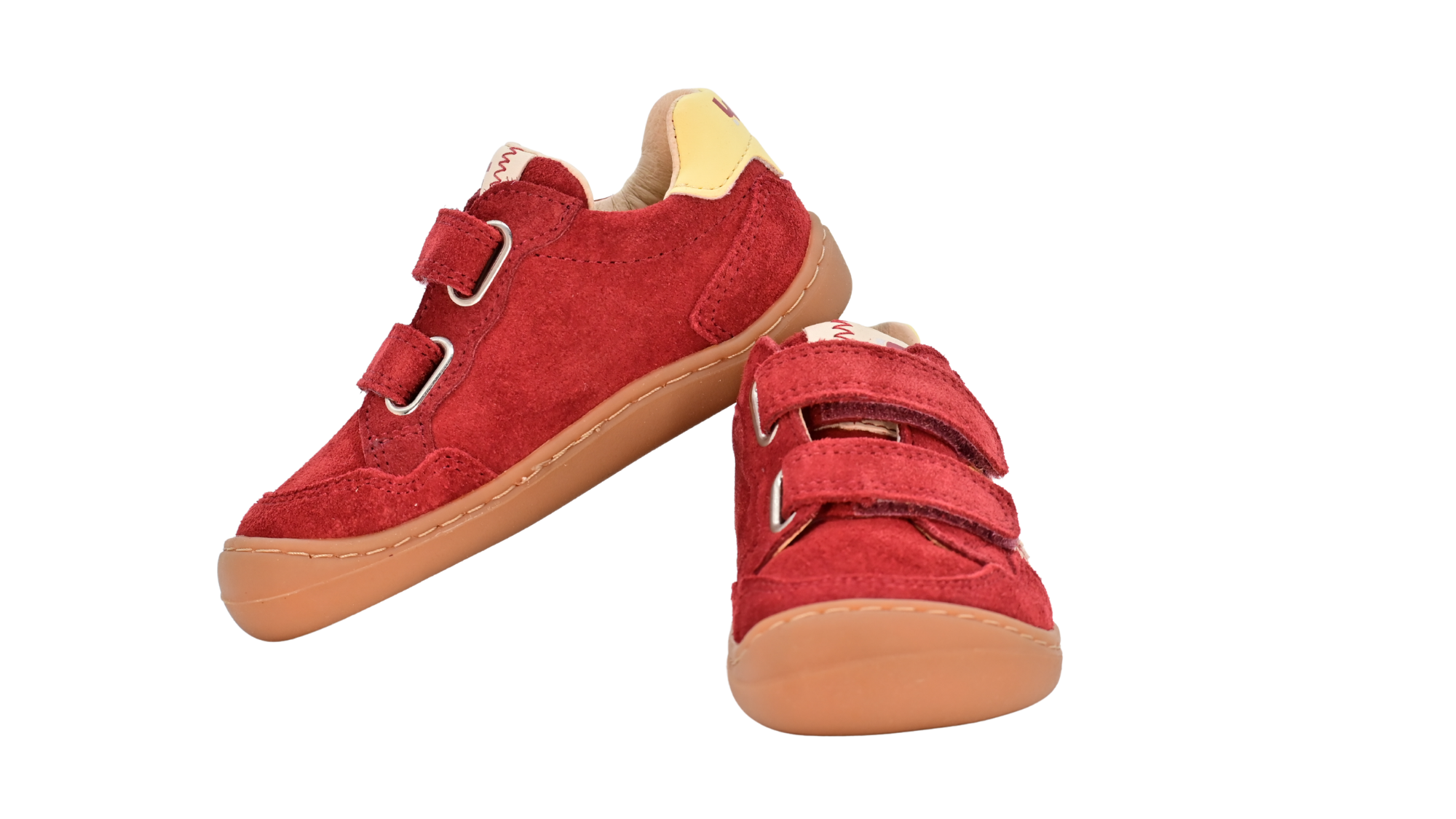 Barfußschuh für Kinder, geschlossene Zehenpartie, geschlossener Fersenbereich, zwei Klettverschlüsse, seitliche Streifen, Ziernähte im Seitenbereich, flache Sohle, Seiten- und Vorderansicht als Paar