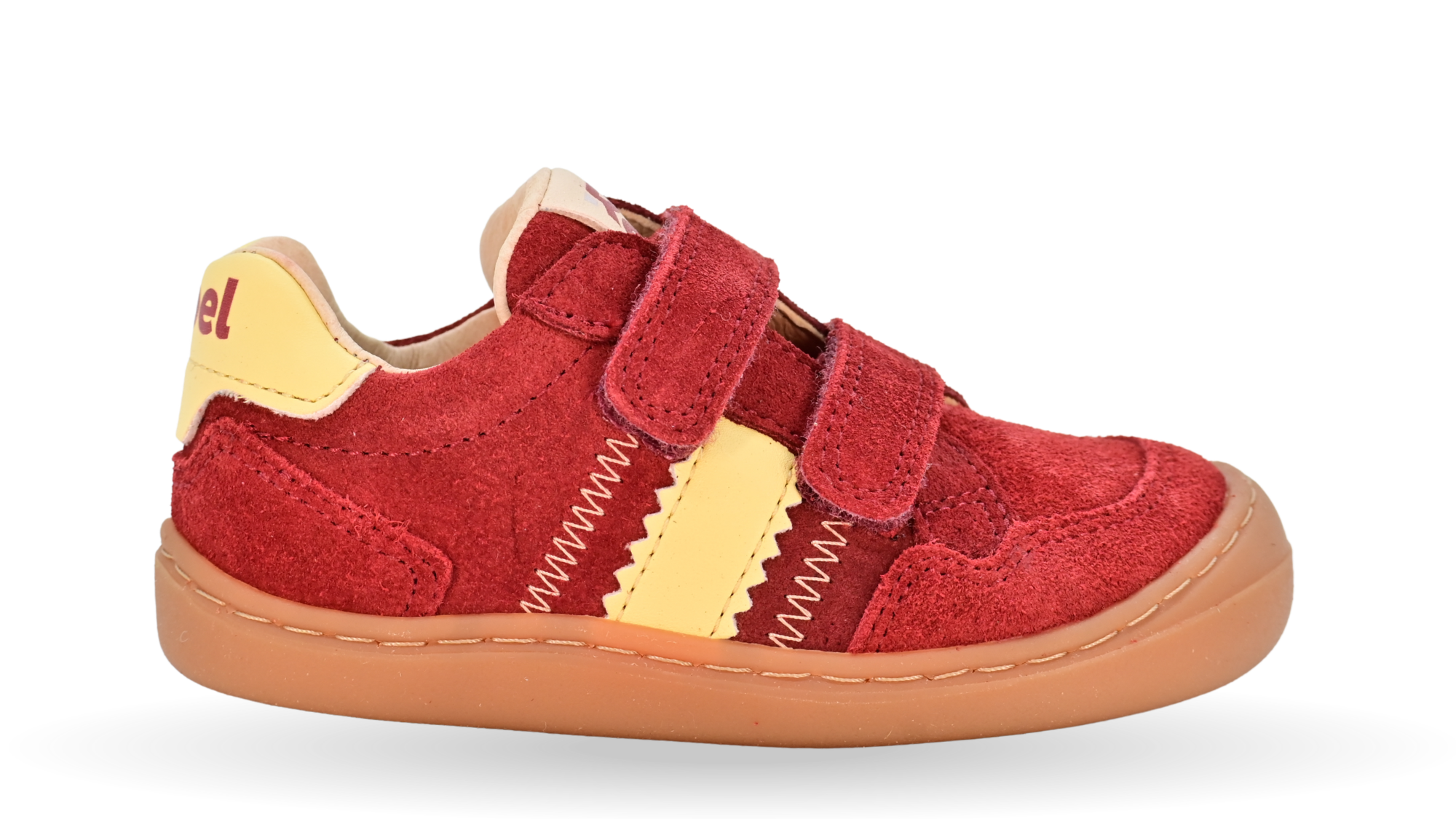 Barfußschuh für Kinder, geschlossene Zehenpartie, geschlossener Fersenbereich, zwei Klettverschlüsse, seitliche Streifen, Ziernähte im Seitenbereich, flache Sohle, Seitenansicht außen