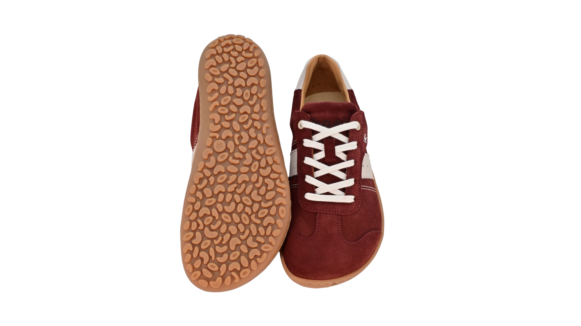 Barfußschuh für Erwachsene, geschlossene Zehenpartie, geschlossener Fersenbereich, Schnürung, seitlicher Streifen mit Perforation, flache Sohle, Ansicht von unten und Draufsicht, Paar