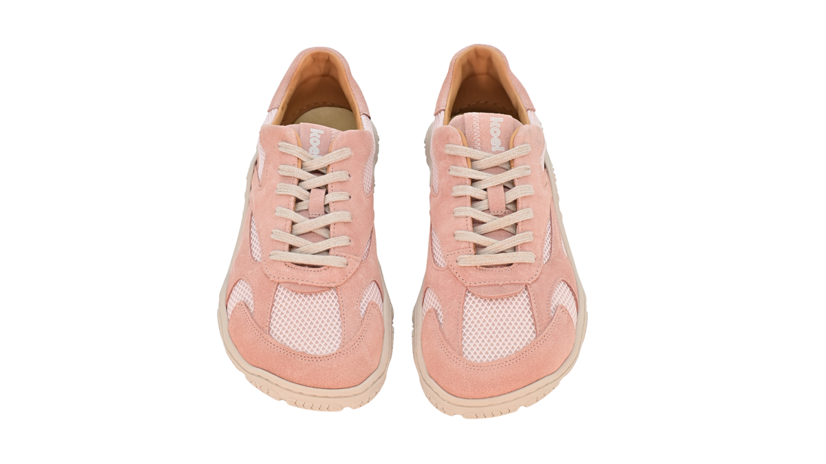 Barfußschuh für Erwachsene, geschlossene Zehenpartie, geschlossener Fersenbereich, Schnürung, textile Einsätze im Seitenbereich, profilierte Sohle, Draufsicht als Paar
