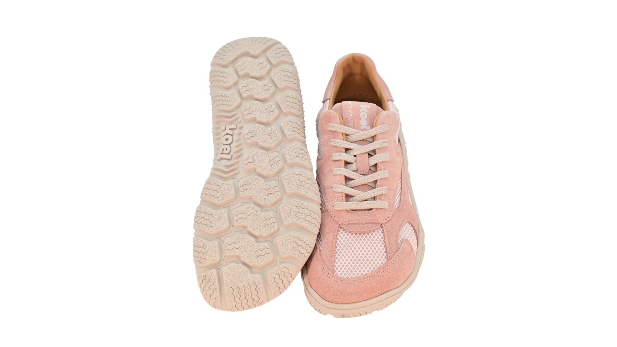 Barfußschuh für Erwachsene, geschlossene Zehenpartie, geschlossener Fersenbereich, Schnürung, textile Einsätze im Seitenbereich, profilierte Sohle, Ansicht von unten und Draufsicht als Paar