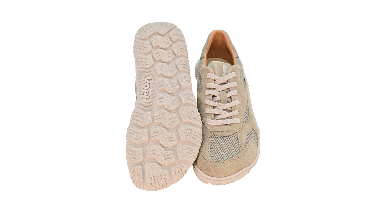 Barfußschuh für Erwachsene, geschlossene Zehenpartie, geschlossener Fersenbereich, Schnürung, textile Einsätze im Seitenbereich, profilierte Sohle, Ansicht von unten und Draufsicht als Paar