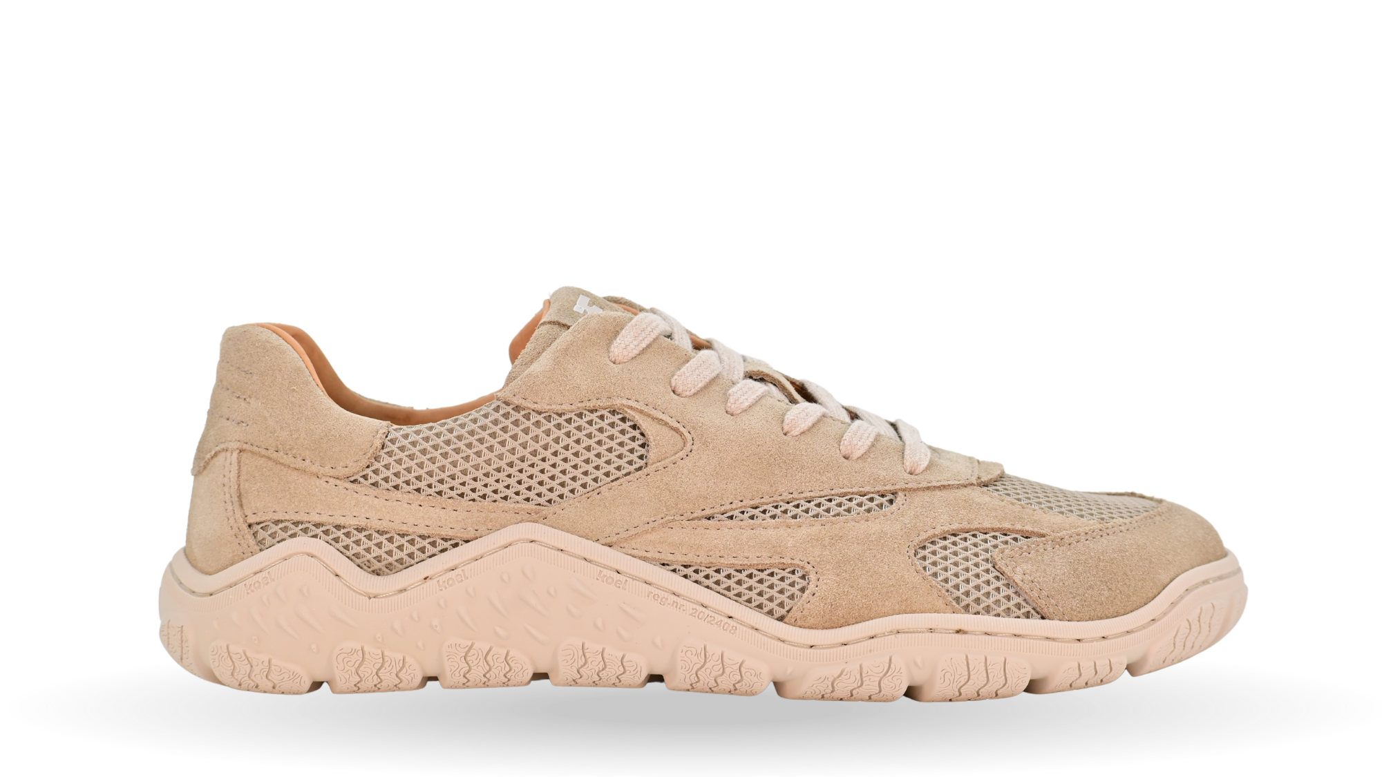 Barfußschuh für Erwachsene, geschlossene Zehenpartie, geschlossener Fersenbereich, Schnürung, textile Einsätze im Seitenbereich, profilierte Sohle, Seitenansicht außen