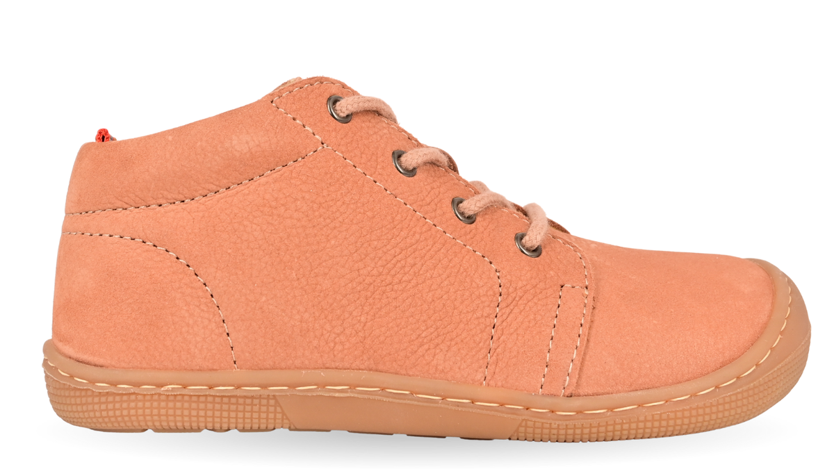Barfußschuh für Kinder, knöchelhoch, geschlossene Zehen und geschlossener Fersenbereich, Schnürung mit Ösen, flexible Sohle, Einzelschuh, Seitenansicht außen