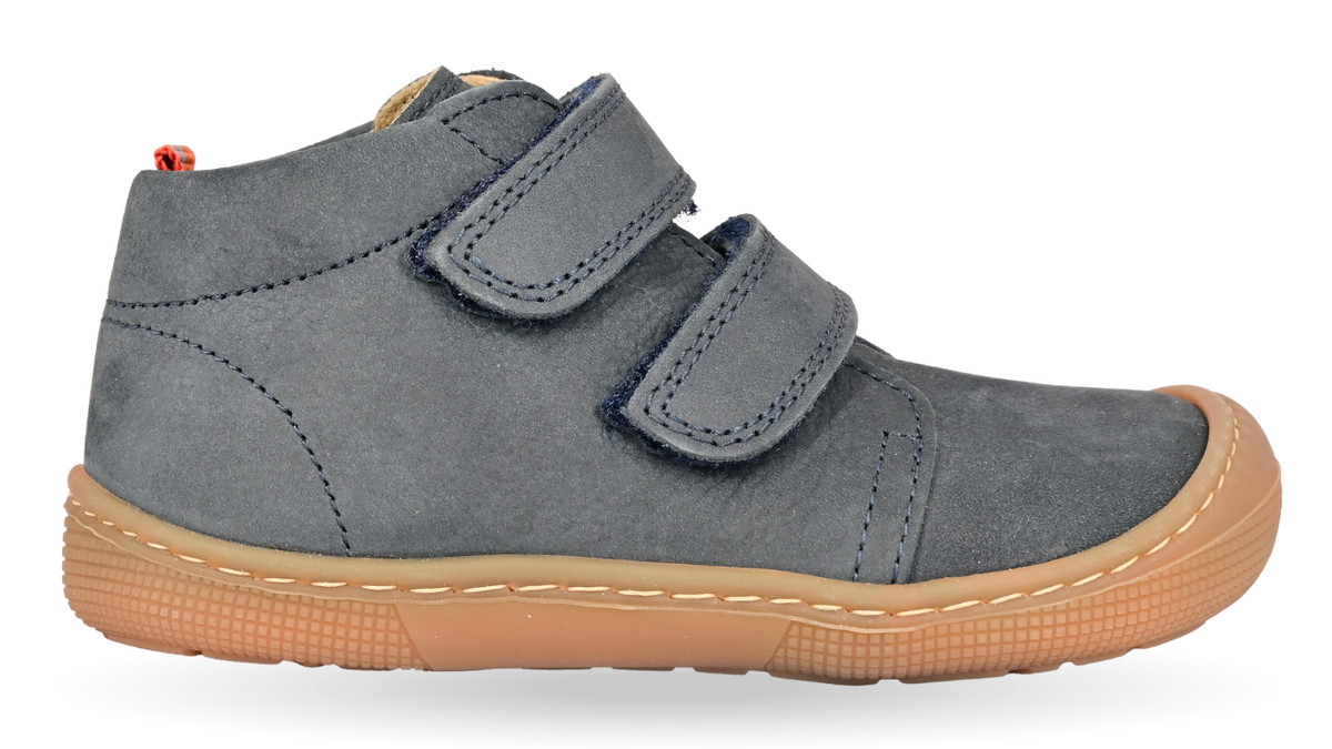 Barfußschuh für Kinder, knöchelhoch, geschlossene Zehen und geschlossener Fersenbereich, Doppelklettverschluss, flexible Sohle, Einzelschuh, Seitenansicht außen