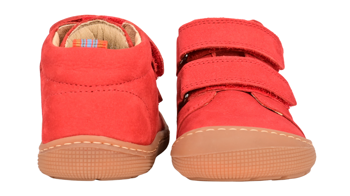 Barfußschuh für Kinder, knöchelhoch, geschlossene Zehen und geschlossener Fersenbereich, Doppelklettverschluss, flexible Sohle, Vorder- und Rückansicht als Paar