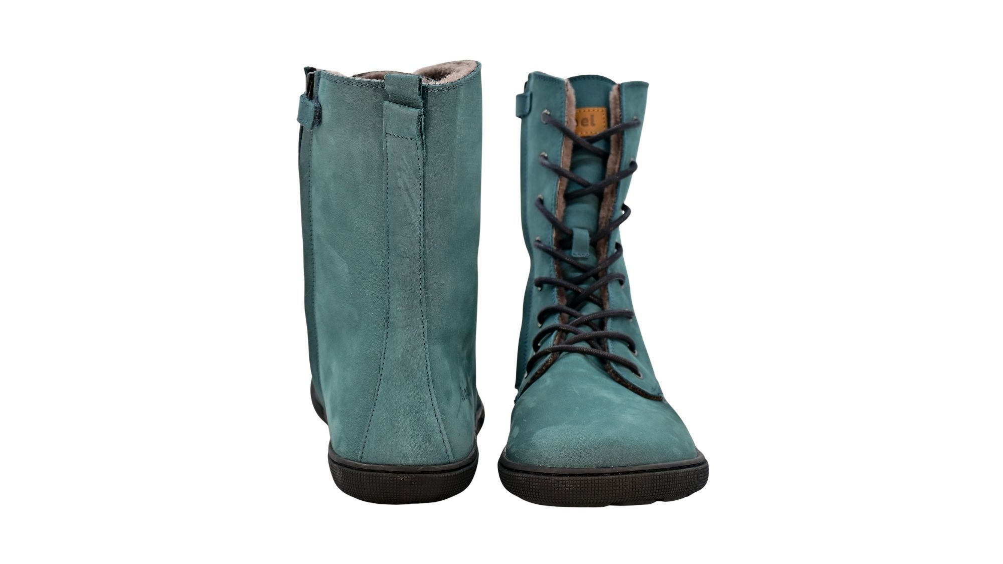 Barfußstiefel für Erwachsene mit flacher Sohle als Paar, Rückansicht und Vorderansicht