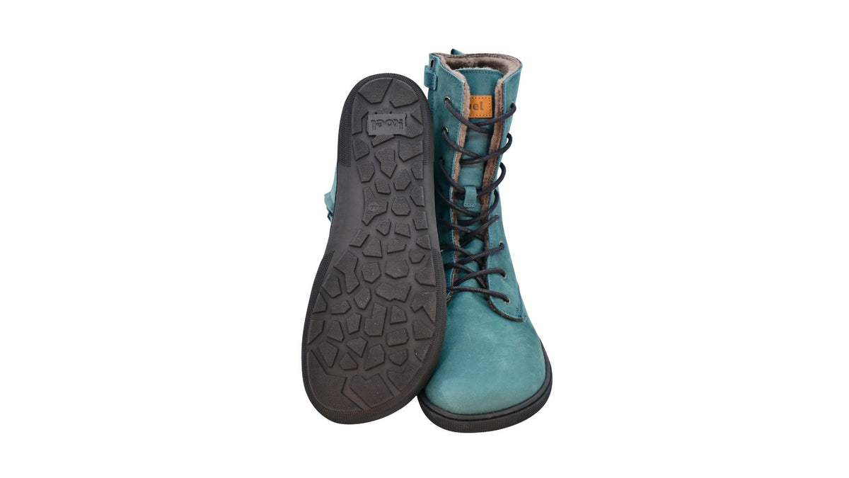 Barfußstiefel für Erwachsene mit flacher Sohle als Paar, Ansicht von unten und Vorderansicht