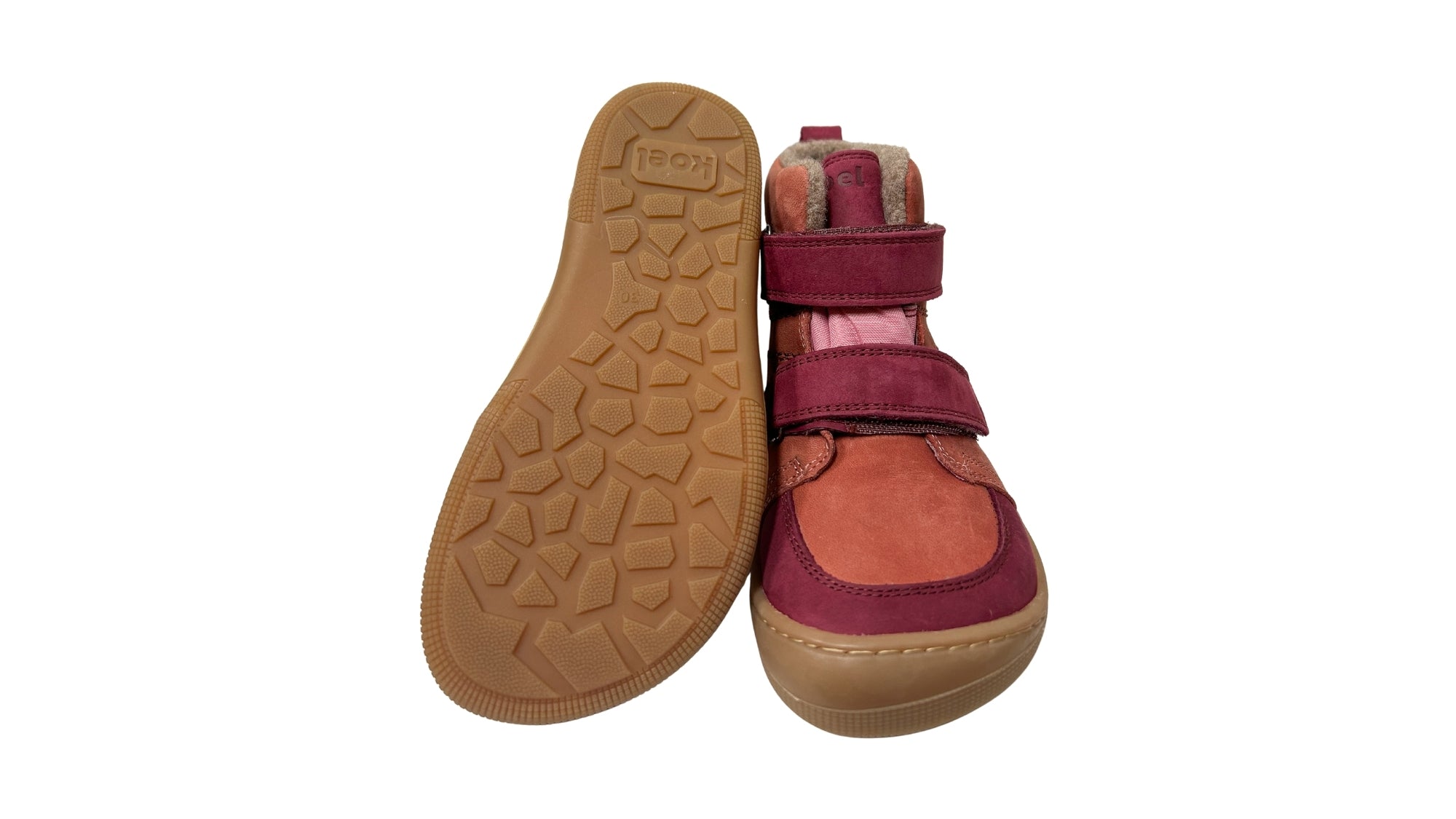 Barfußschuh für Kinder mit zwei Klettverschlüssen, breiter Zehenbox und geschlossenem Schaft als Paar, Ansicht von unten und Vorderansicht