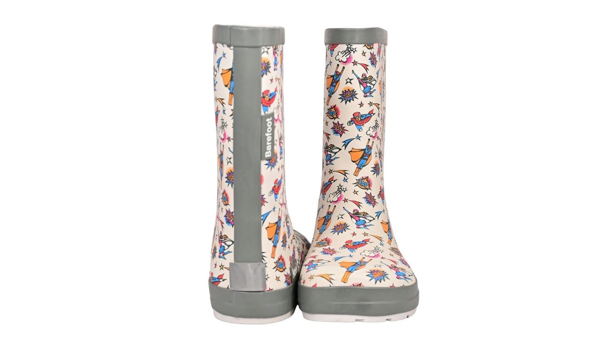 Barfußstiefel für Kinder ohne Verschluss mit breiter Zehenbox und geschlossenem Schaft, Vorder- und Rückansicht