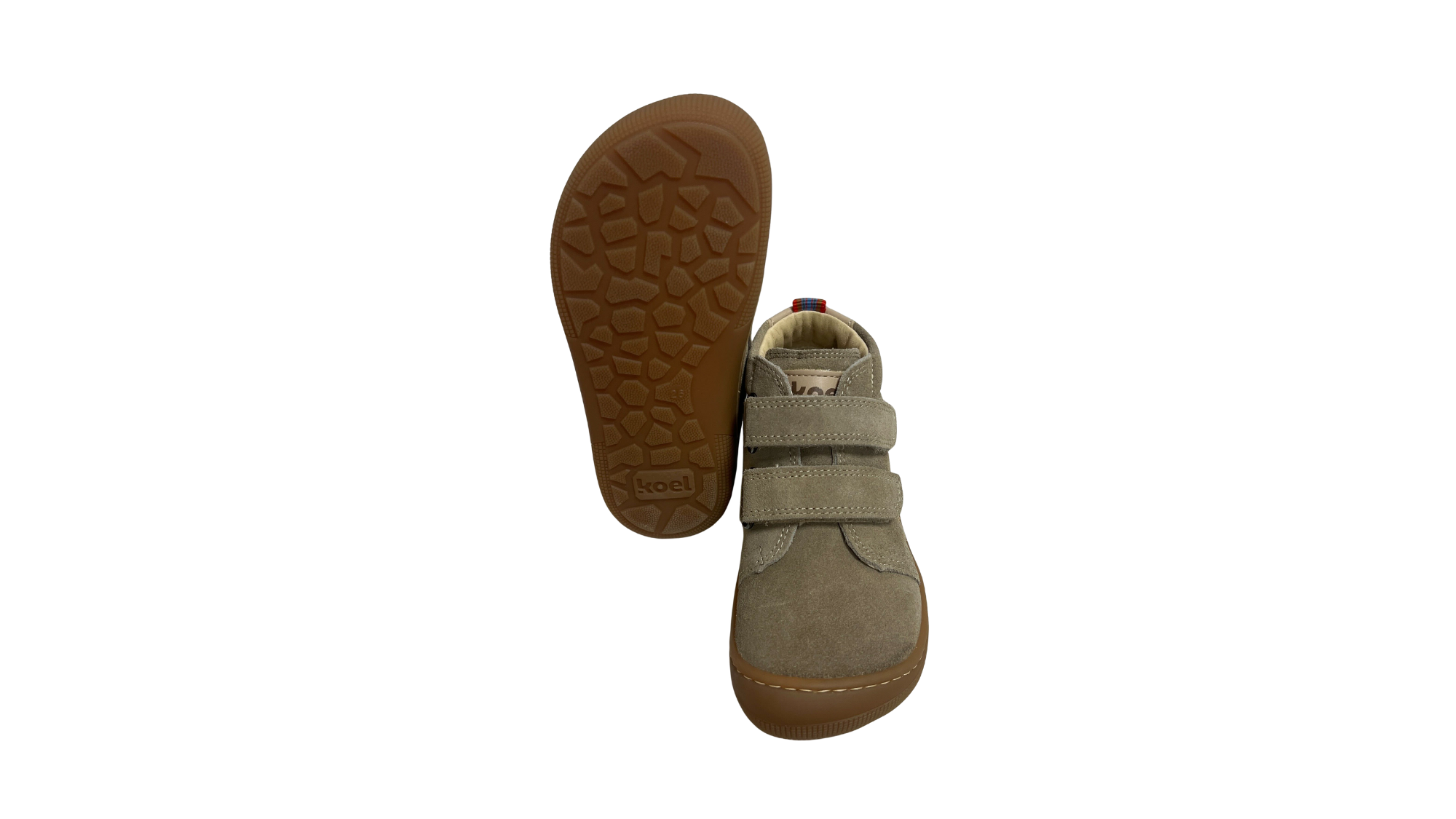 Barfußschuh für Kinder mit zwei Klettverschlüssen als Paar, Draufsicht und Ansicht von unten