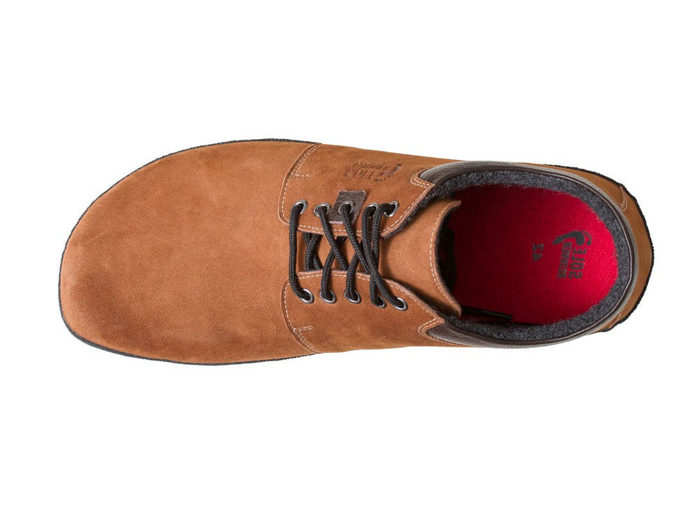 Barfußschuh, geschlossene Zehen und geschlossener Fersenbereich, Schnürsenkel, flexible Sohle, einzelner Schuh, Draufsicht