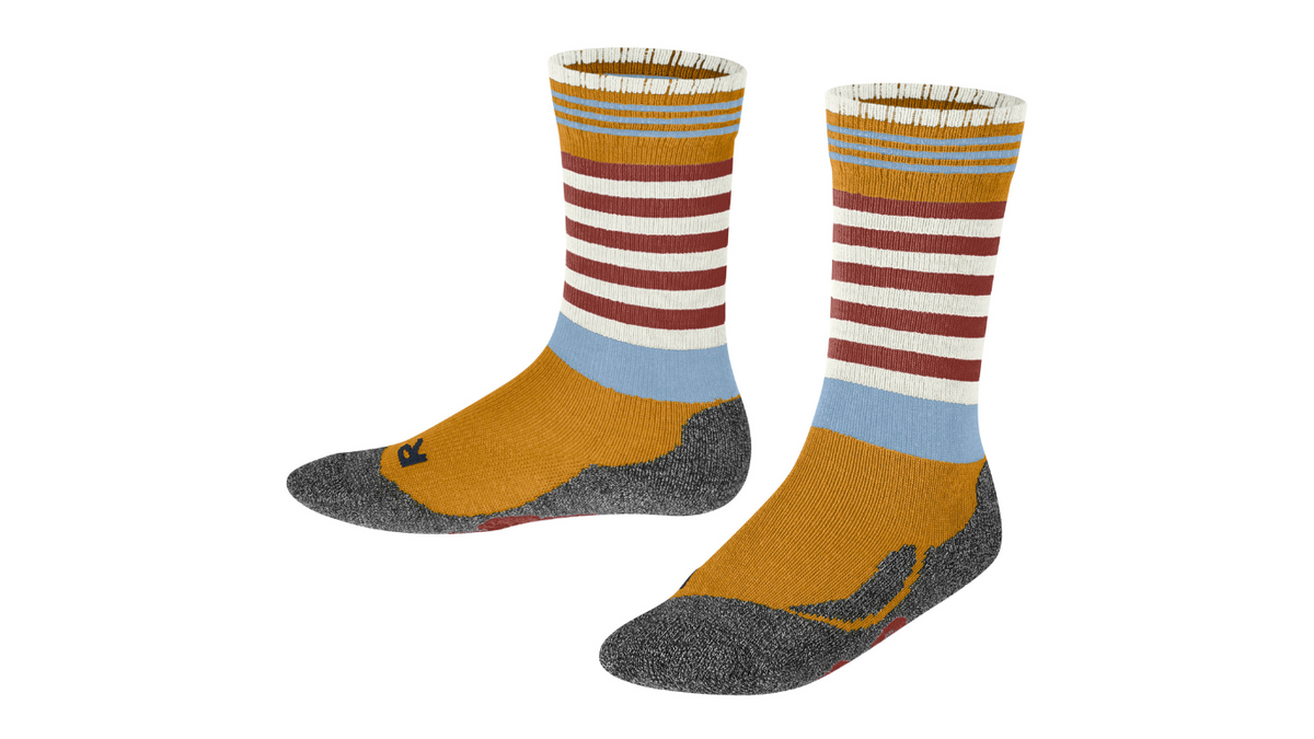 Kindersocken als Paar mit hohem Schaft und Streifenmuster, schräge Vorderansicht.