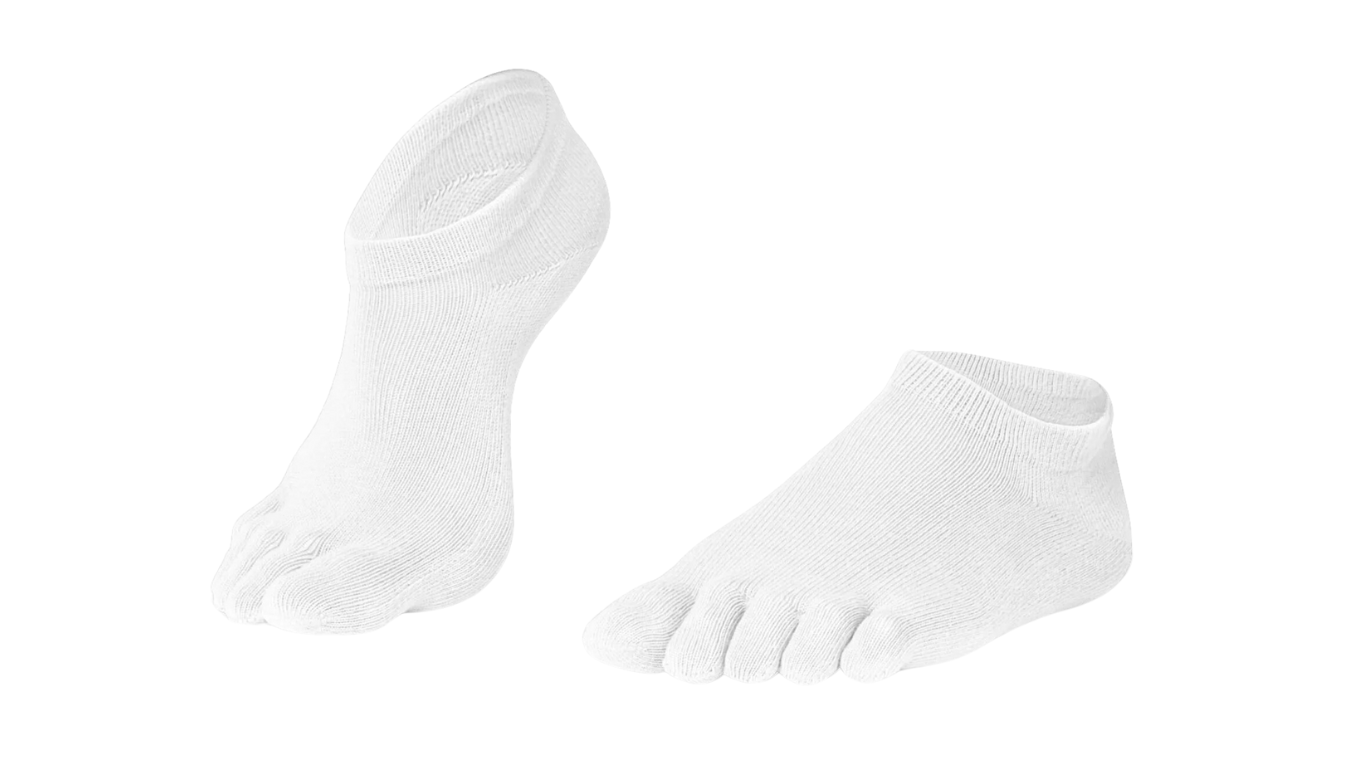Barfußsocke mit einzelner Zehenführung und knöchelhohem Schaft, geschlossene Zehen, schräge Vorderansicht