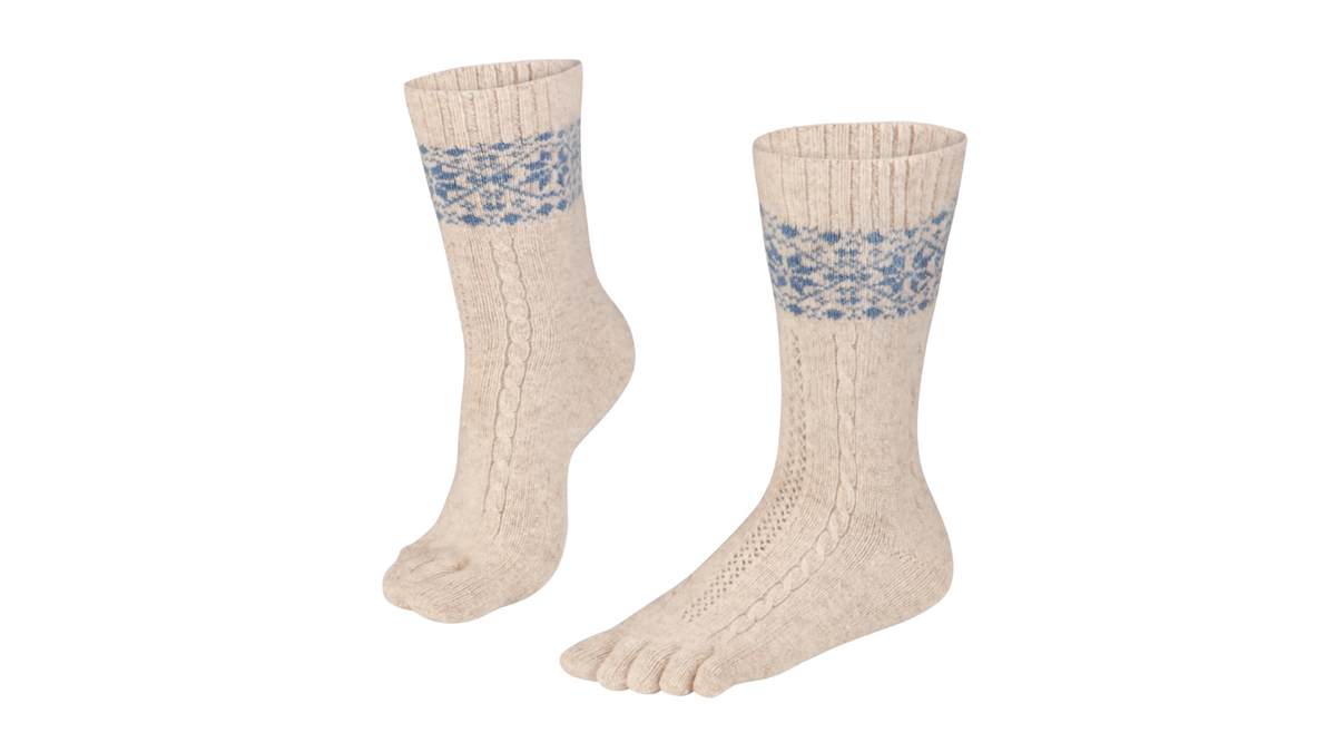 Barfußsocken für Kinder mit einzelner Zehenführung, wadenhoher Schaft, geschlossene Zehen, schräge Vorderansicht als Paar