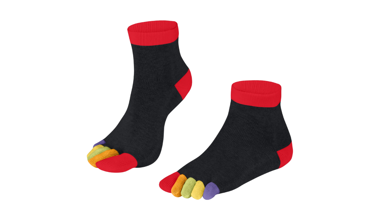 Zehensocken mit getrennten Zehen, kurzem Schaft und ausgearbeiteter Ferse, elastischer Bund, Seitenansicht außen