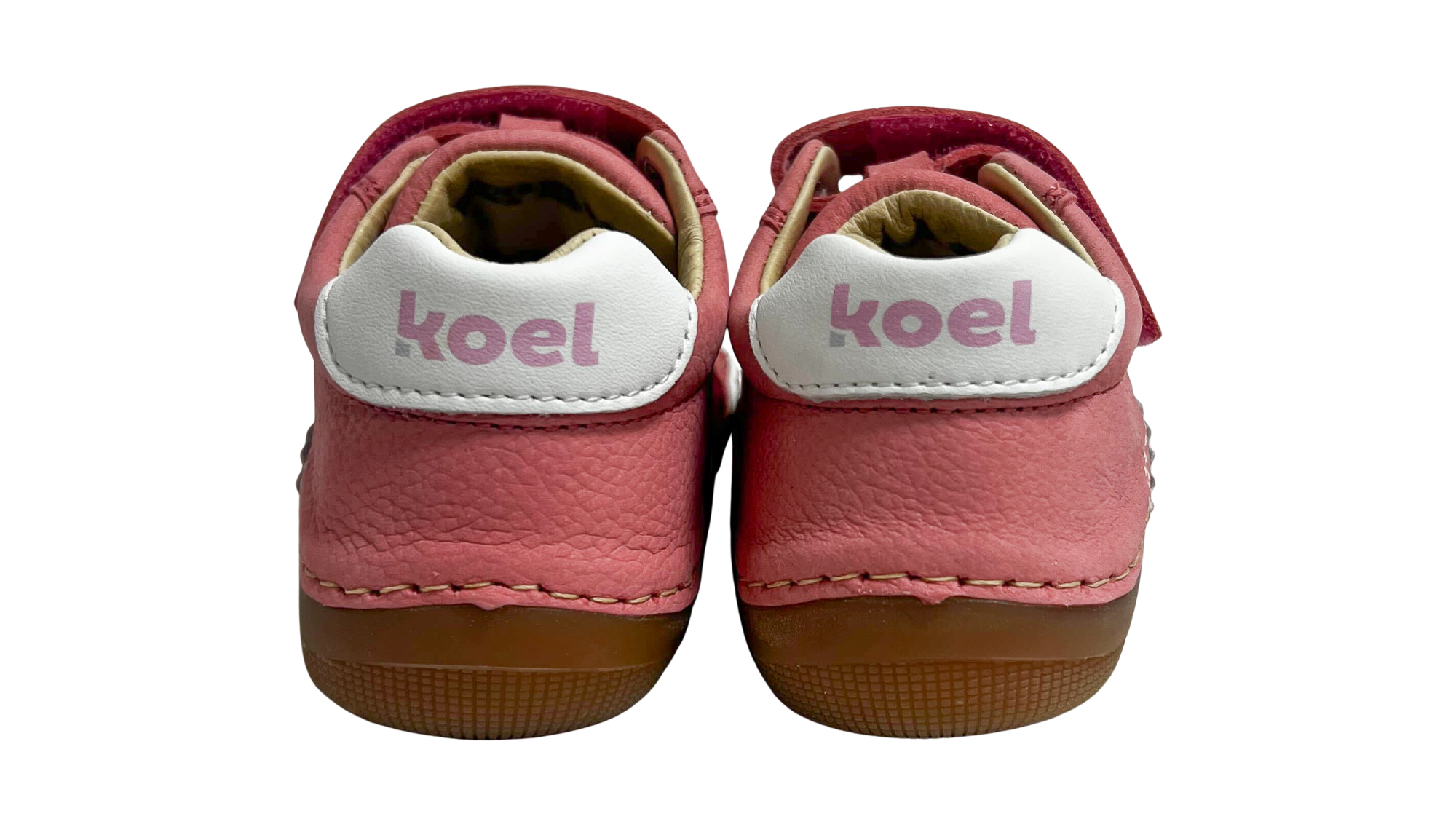 Barfußschuh für Kinder, geschlossene Zehenpartie, geschlossener Fersenbereich, zwei Klettverschlüsse, seitliche Streifen, flache Sohle, Rückansicht als Paar