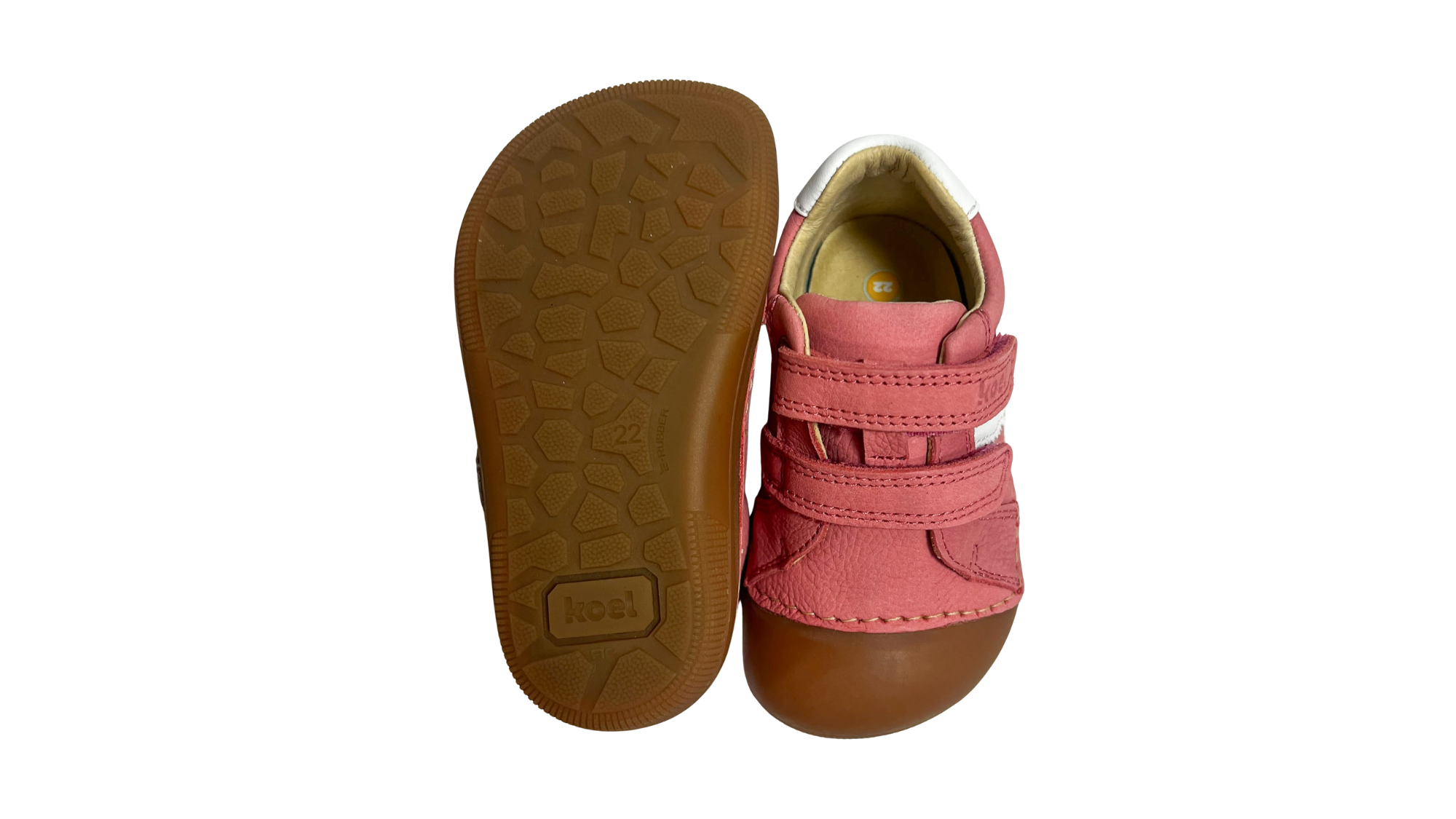 Barfußschuh für Kinder, geschlossene Zehenpartie, geschlossener Fersenbereich, zwei Klettverschlüsse, seitliche Streifen, flache Sohle, Ansicht von unten und Draufsicht