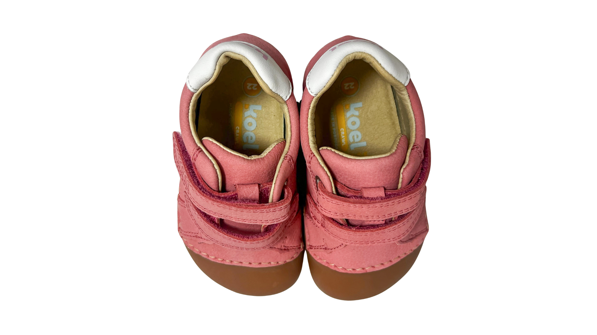 Barfußschuh für Kinder, geschlossene Zehenpartie, geschlossener Fersenbereich, zwei Klettverschlüsse, seitliche Streifen, flache Sohle, Draufsicht als Paar