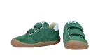 Barfußschuh für Kinder, geschlossene Zehenpartie, geschlossener Fersenbereich, zwei Klettverschlüsse, seitliche Streifen, Ziernähte im Seitenbereich, flache Sohle, Seiten- und Vorderansicht, Paar