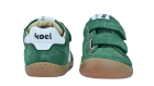 Barfußschuh für Kinder, geschlossene Zehenpartie, geschlossener Fersenbereich, zwei Klettverschlüsse, seitliche Streifen, Ziernähte im Seitenbereich, flache Sohle, Rück- und Vorderansicht als Paar