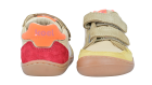 Barfußschuh für Kinder, geschlossene Zehenpartie, geschlossener Fersenbereich, zwei Klettverschlüsse, seitliche Streifen, Ziernähte im Seitenbereich, flache Sohle, Vorder- und Rückansicht als Paar