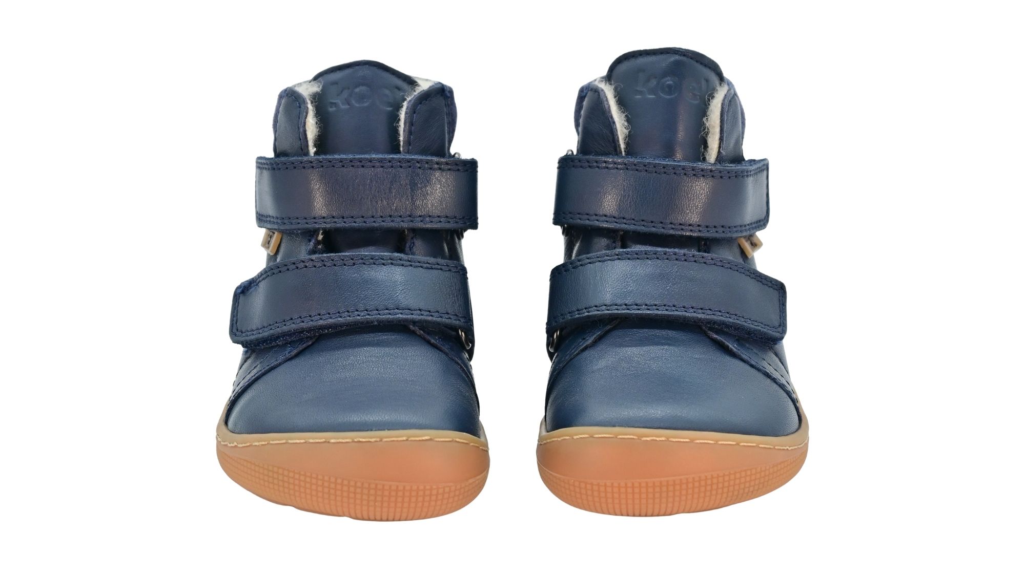 Gefütterter Barfußschuh für Kinder, knöchelhoch, geschlossene Zehen und geschlossener Fersenbereich, Doppelklettverschluss, flexible Sohle, Vorderansicht als Paar