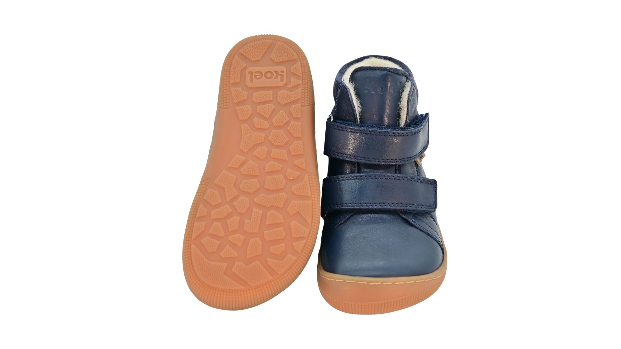 Gefütterter Barfußschuh für Kinder, knöchelhoch, geschlossene Zehen und geschlossener Fersenbereich, Doppelklettverschluss, flexible Sohle, Ansicht  von unten und Draufsicht als Paar
