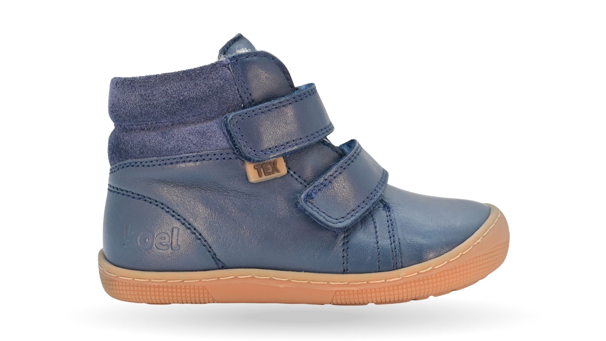 Gefütterter Barfußschuh für Kinder, knöchelhoch, geschlossene Zehen und geschlossener Fersenbereich, Doppelklettverschluss, flexible Sohle, Einzelschuh, Seitenansicht außen