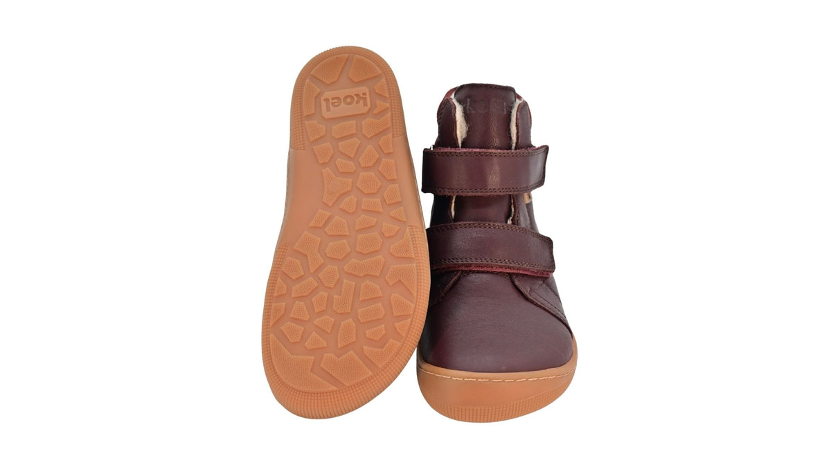 Gefütterter Barfußschuh für Kinder, knöchelhoch, geschlossene Zehen und geschlossener Fersenbereich, Doppelklettverschluss, flexible Sohle, Ansicht  von unten und Draufsicht als Paar