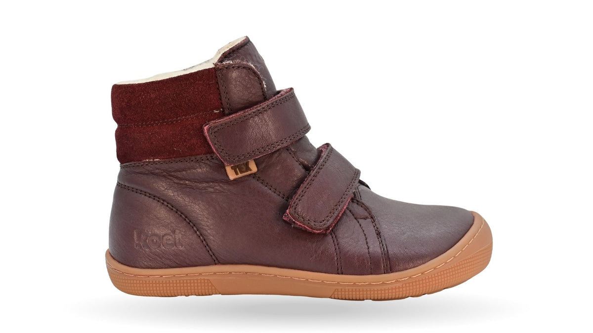 Gefütterter Barfußschuh für Kinder, knöchelhoch, geschlossene Zehen und geschlossener Fersenbereich, Doppelklettverschluss, flexible Sohle, Einzelschuh, Seitenansicht außen