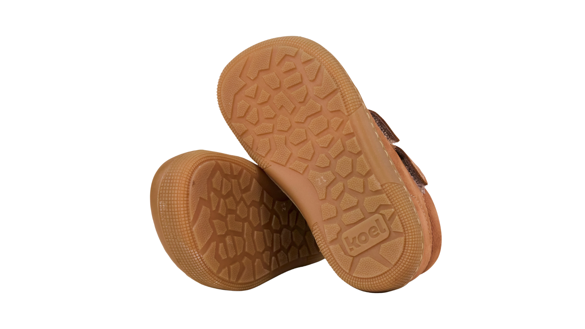 Barfußschuh für Kinder, knöchelhoch, geschlossene Zehen und geschlossener Fersenbereich, Doppelklettverschluss, flexible Sohle, Ansicht von unten als Paar