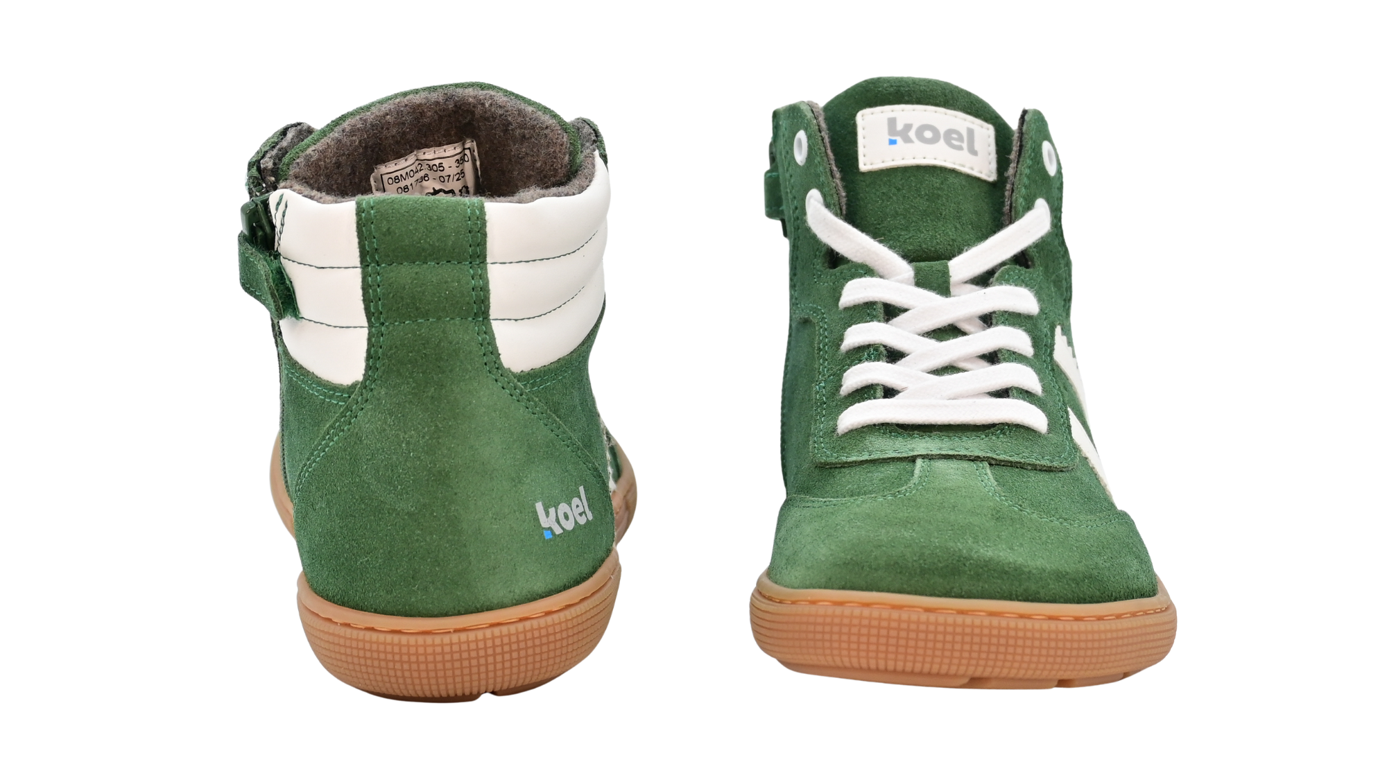 Barfußschuh für Kinder, geschlossene Zehenpartie, geschlossener Fersenbereich, Schnürung, hoher Schaft, gepolsterter Schaftrand, seitliche Streifen, flache Sohle, Rück- und Vorderansicht,  Paar