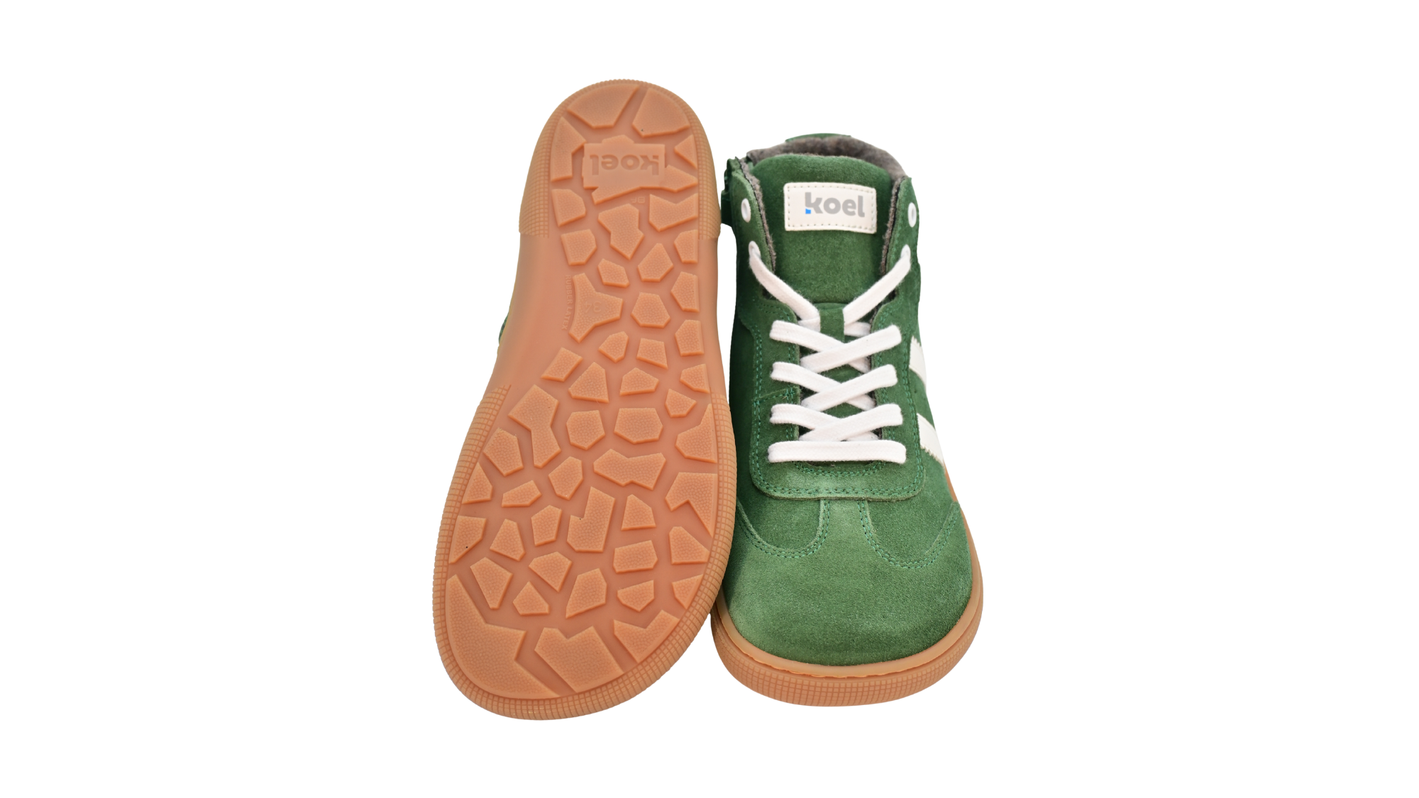 Barfußschuh für Kinder, geschlossene Zehenpartie, geschlossener Fersenbereich, Schnürung, hoher Schaft, gepolsterter Schaftrand, seitliche Streifen, flache Sohle, Ansicht von unten und Draufsicht, Paar