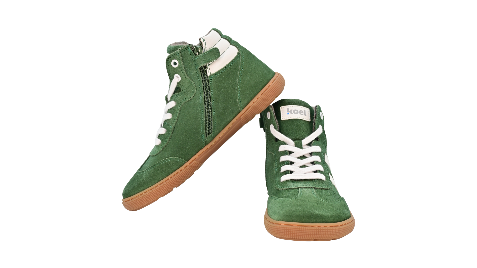 Barfußschuh für Kinder, geschlossene Zehenpartie, geschlossener Fersenbereich, Schnürung, hoher Schaft, gepolsterter Schaftrand, seitliche Streifen, flache Sohle, Seitenansicht und Vorderansicht, Paar