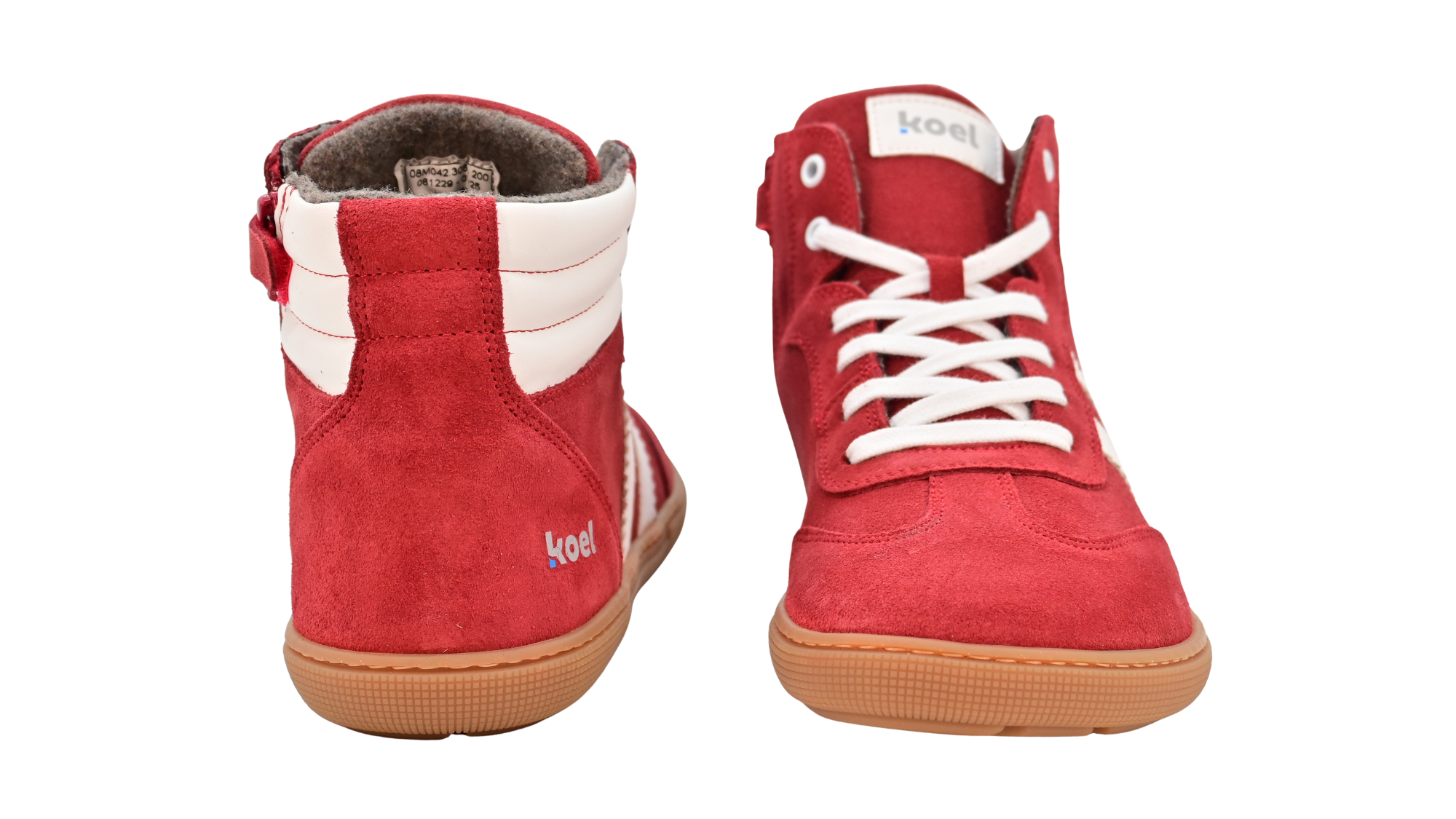 Barfußschuh für Kinder, geschlossene Zehenpartie, geschlossener Fersenbereich, Schnürung, hoher Schaft, gepolsterter Schaftrand, seitliche Streifen, flache Sohle, Rück- und Vorderansicht, Paar