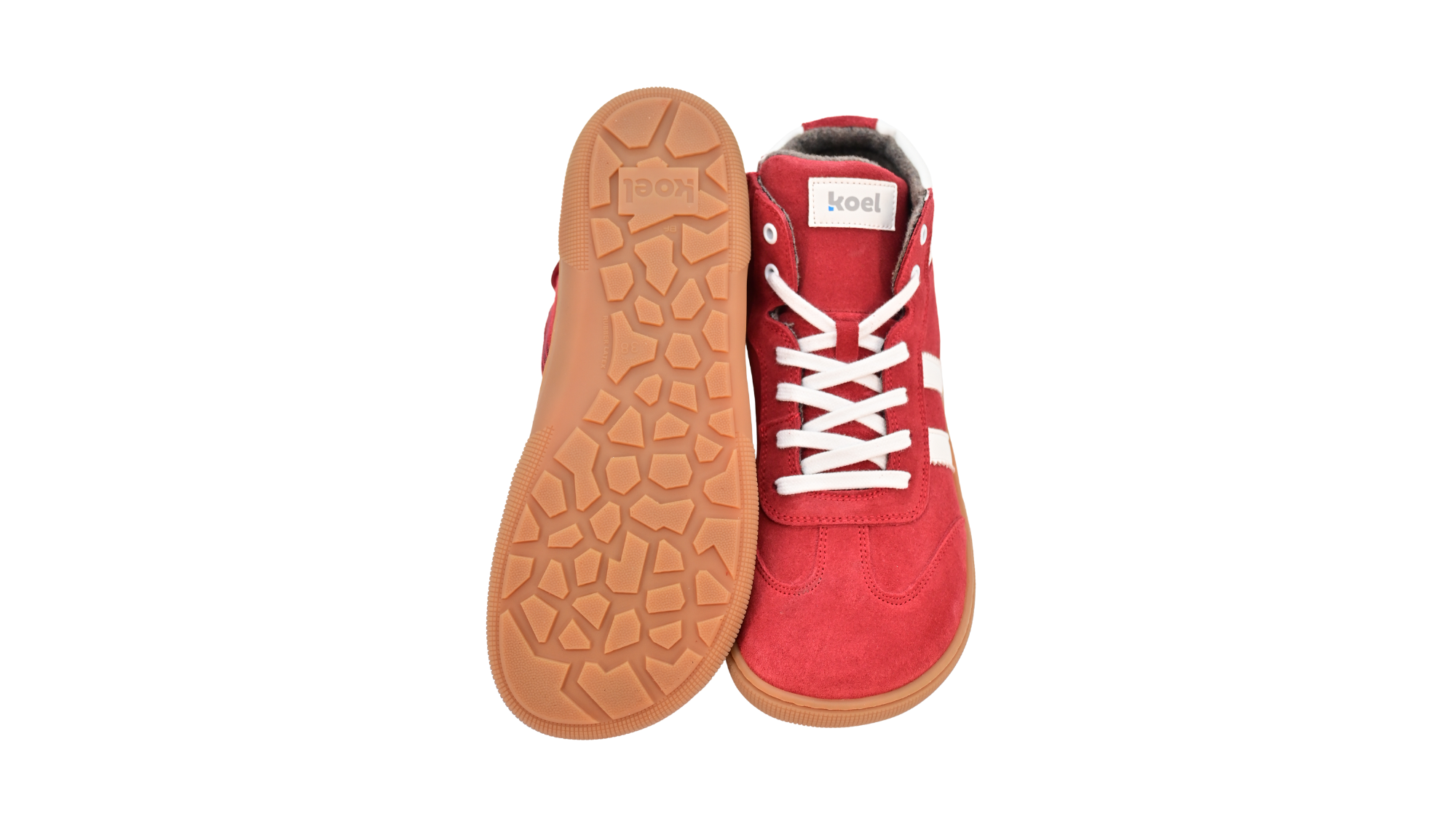 Barfußschuh für Kinder, geschlossene Zehenpartie, geschlossener Fersenbereich, Schnürung, hoher Schaft, gepolsterter Schaftrand, seitliche Streifen, flache Sohle, Ansicht von unten und Draufsicht, Paar
