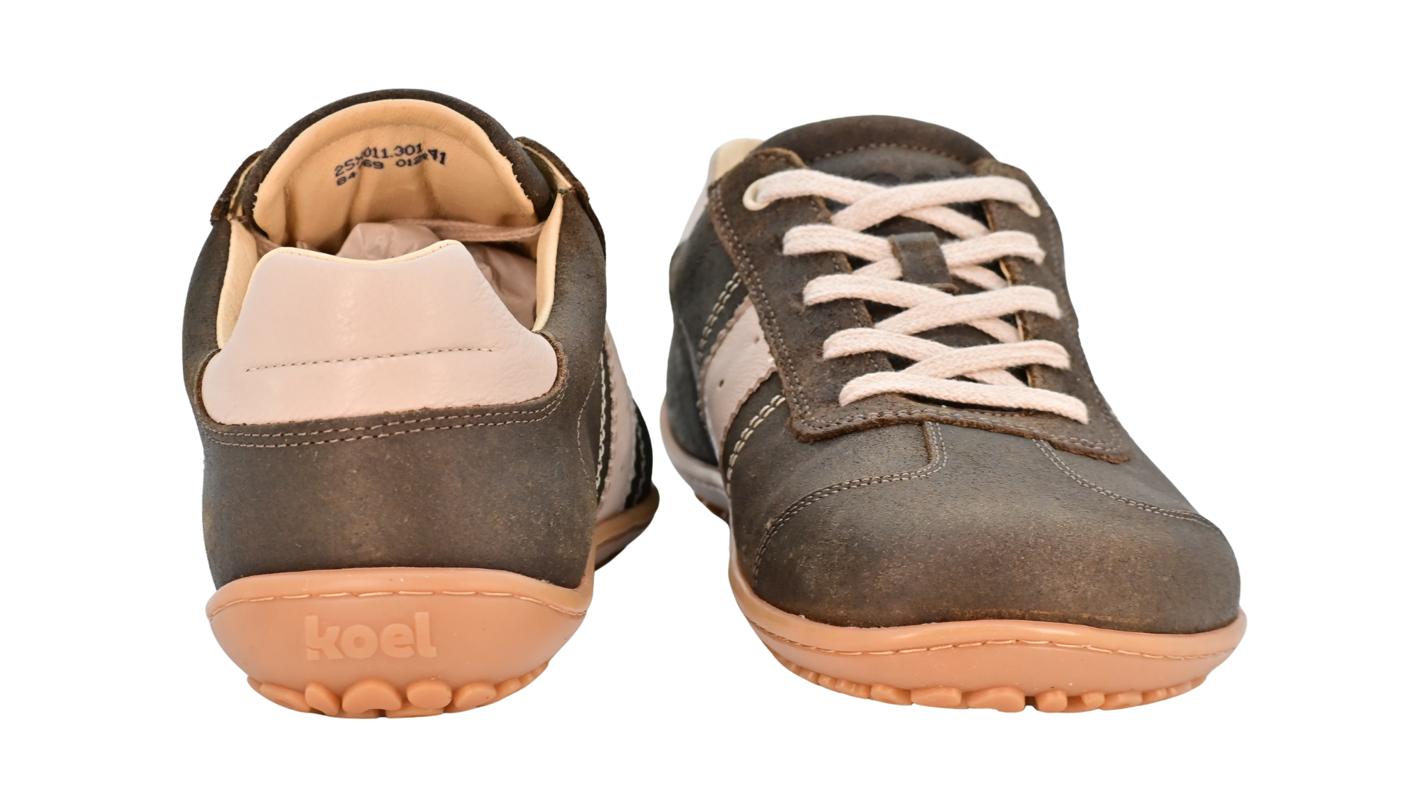 Barfußschuh für Erwachsene, geschlossene Zehenpartie, geschlossener Fersenbereich, Schnürung, seitlicher Streifen mit Perforation, flache Sohle, Vorder- und Rückansicht, Paar